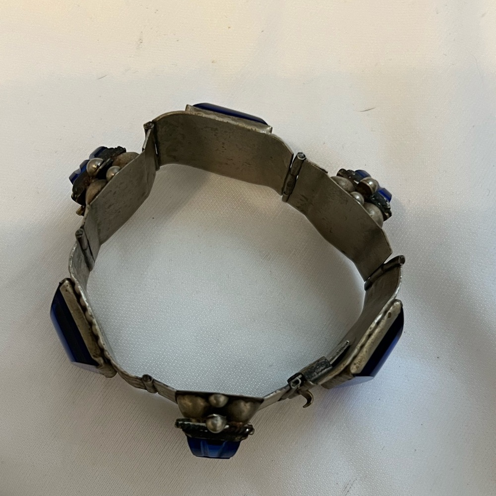 Vintage Taxco Signed Sterling Silver Blue Glass Panel Link Bracelet - Picture 11 of 11